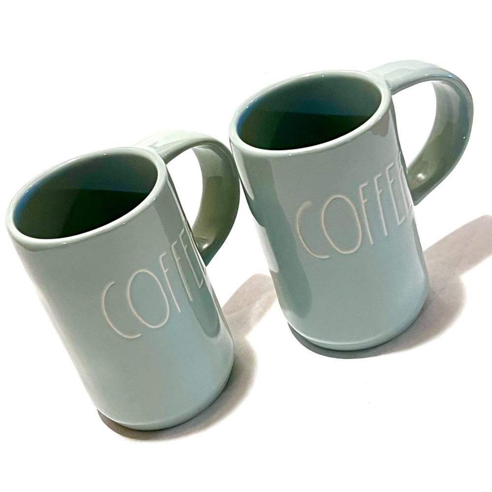 Rae Dunn COFFEE Ceramic Mugs Set of Two Blue/Green 24oz